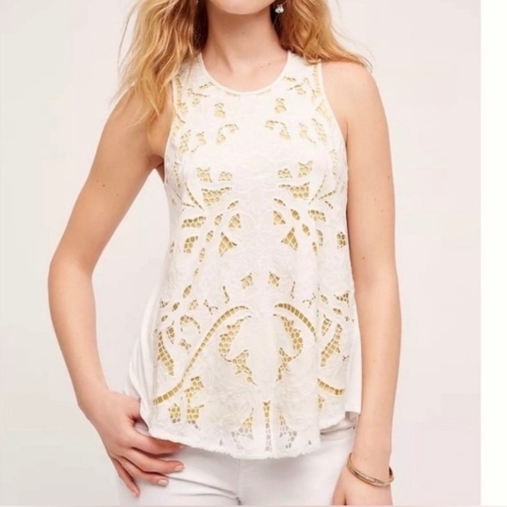 Anthropologie Akemi + Kin | Women’s White/Yellow Filigree Crochet Tank Top, XS